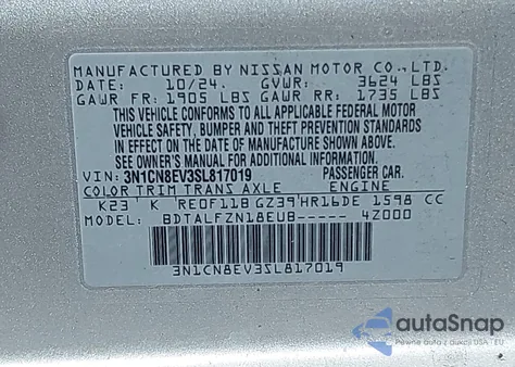 2025 Nissan Versa Sv z USA, uszkodzony, nr VIN 3N1CN8EV3SL817019